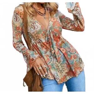 NEW SUPREME FASHION western printed bell sleeve blouse in orange multi